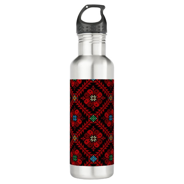Botella De Agua Flores rojas Patrón de tatuajes de bordado de Pale (Anverso)