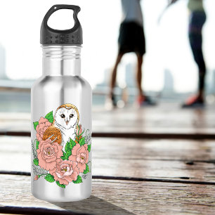Botella De Agua Flores rosadas de búho barn azul