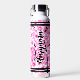 Botella De Agua Flores rosadas para niñas | Nombre personalizado, 