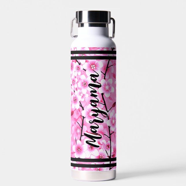Botella De Agua Flores rosadas para niñas | Nombre personalizado,  (Delantero)