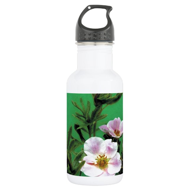 Botella De Agua flores rosadas rojas salvajes en verde, Elegante (Anverso)
