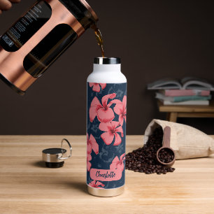 Botella De Agua Flores rosas hawaianas con un patrón floral suave