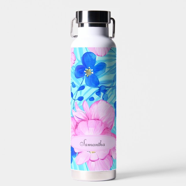 Botella De Agua Flores rosas y azules (Delantero)