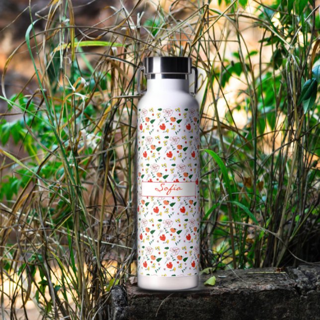 Botella De Agua Flores silvestres de estampado blanco con aislamie (Subido por el creador)