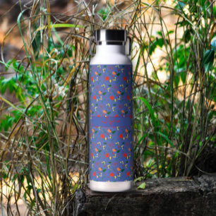 Botella De Agua Flores silvestres de patrón azul amapola roja aisl