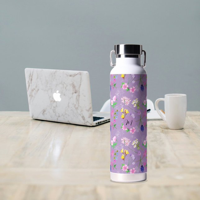 Botella De Agua Flores silvestres delgadas en morado. Personalizad (Delicate wildflowers in purple. Custom. Water Bottle
)