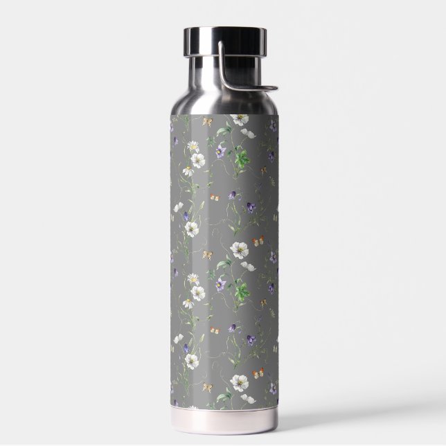Botella De Agua Flores silvestres y mariposas en gris (Izquierdo)