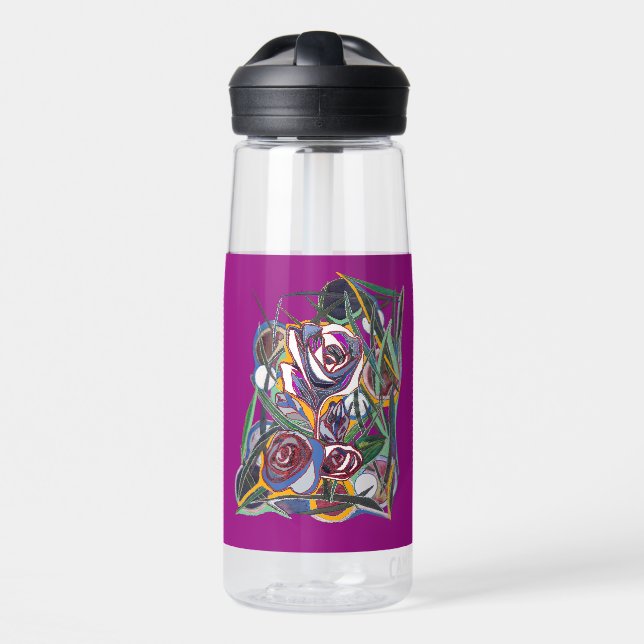 Botella De Agua Flores, sobre un fondo morado (Delante)