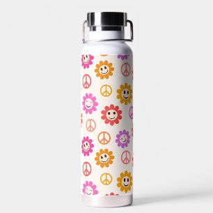 Botella De Agua Flores sonrientes felices con signos de paz Nombre