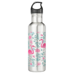 Botella De Agua Flores trópicas y flamencos rosados