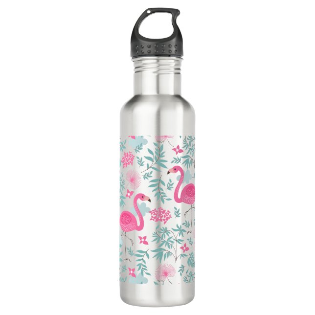 Botella De Agua Flores trópicas y flamencos rosados (Anverso)