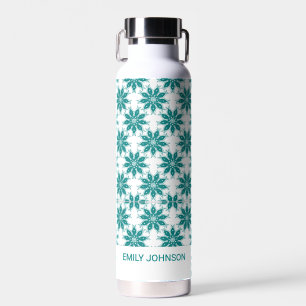 Botella De Agua flores verde azuladas nombre personalizado blanco