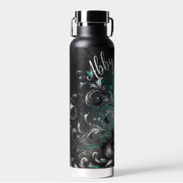 Botella De Agua Flores Verde azuladas y negras personalizadas