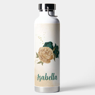 Botella De Agua flores verdes esmeralda y doradas beige