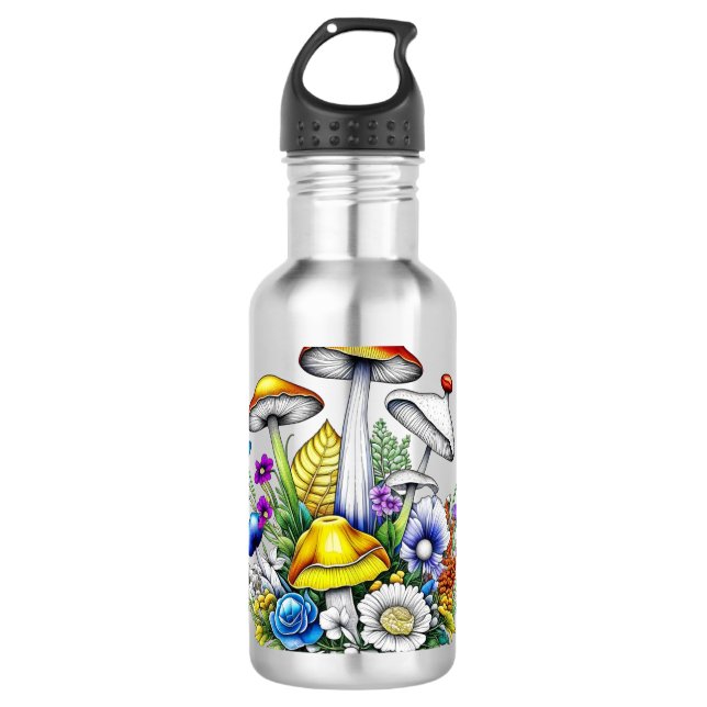 Botella De Agua Flores y hongos mágicos y caprichosos (Anverso)