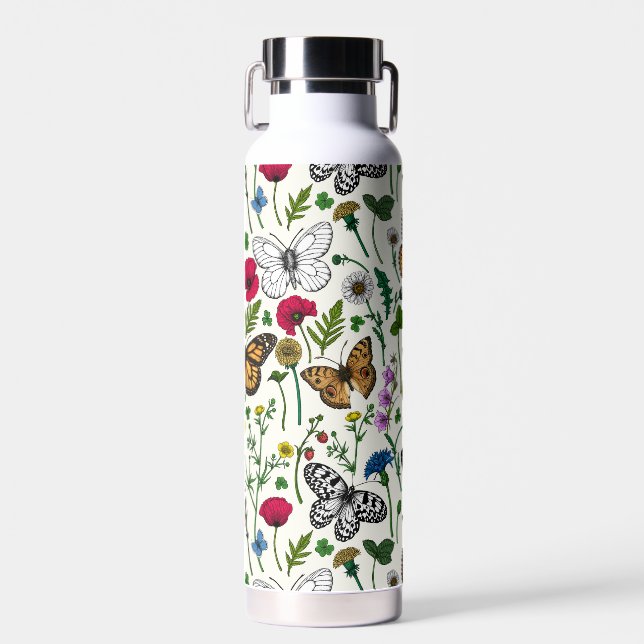 Botella De Agua Flores y mariposas silvestres en blanco (Delantero)
