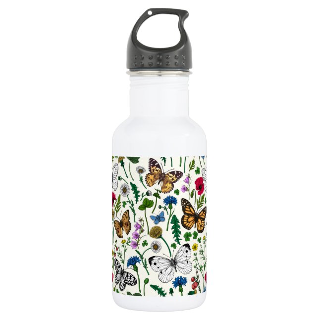 Botella De Agua Flores y mariposas silvestres en blanco (Anverso)