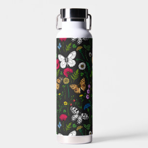 Botella De Agua Flores y mariposas silvestres en negro