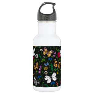 Botella De Agua Flores y mariposas silvestres en negro