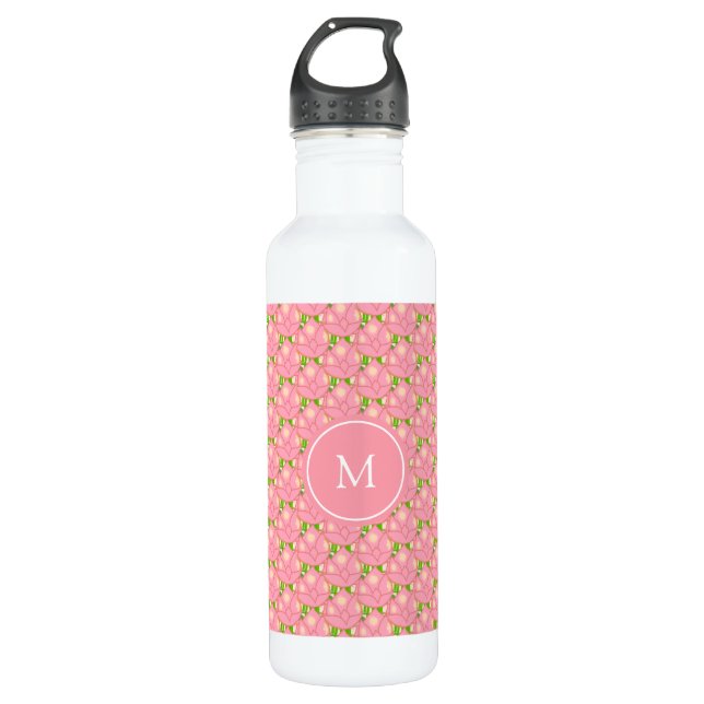 Botella De Agua Flores y monograma de Lotus rosa (Anverso)