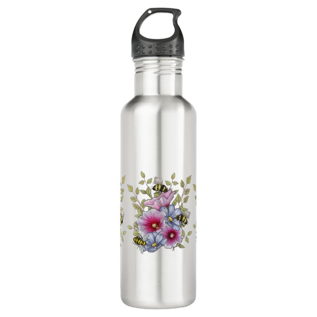 Botella De Agua Flowers and Bees, Freehand Botanical Art (Anverso)