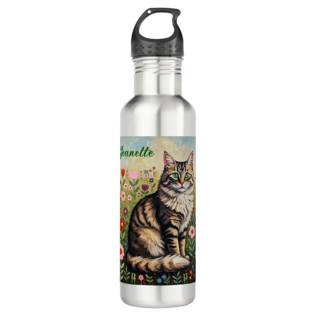 Botella De Agua Fluffy Gray Tabby Cat and Folk Art Flowers (Anverso)