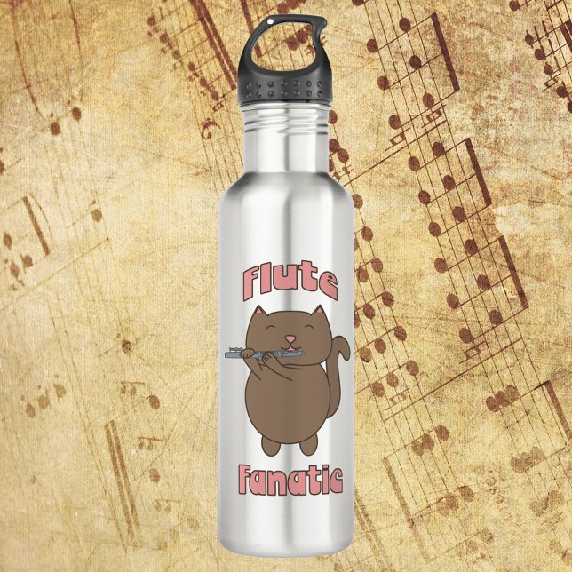 Botella De Agua Flute Fanatic Cat (A water bottle with the words Flute Fanatic and a cat playing the flute!)