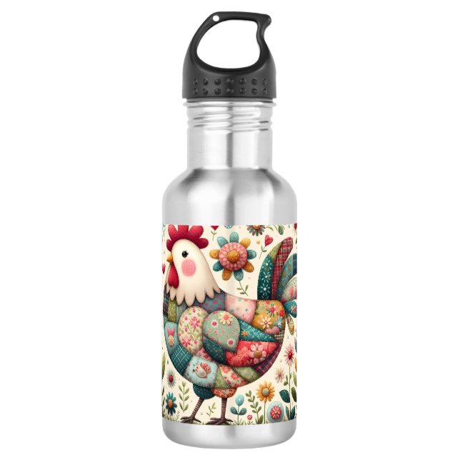 Botella De Agua Folk Patchwork Rooster with Floral Accents (Anverso)