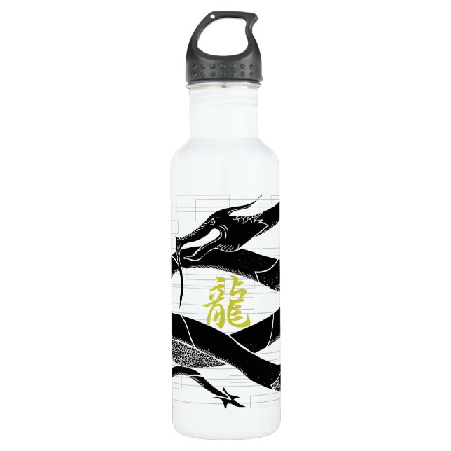 Botella De Agua Fondo japonés negro del blanco del dragón (Anverso)