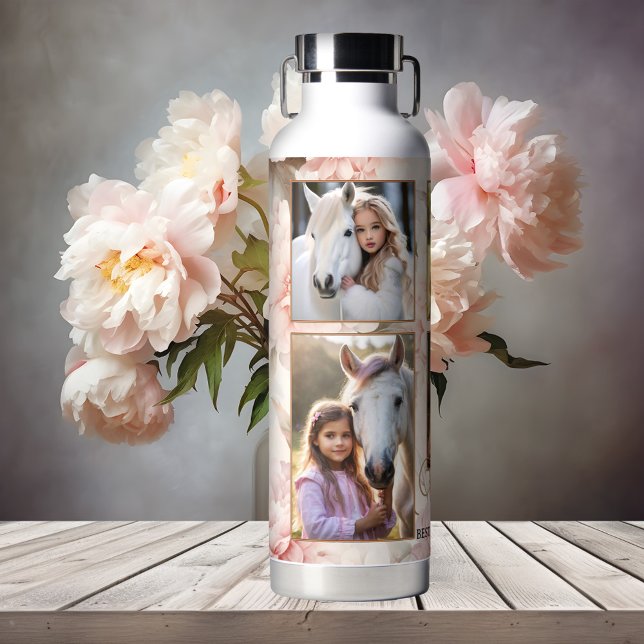 Botella De Agua Foto de Boho Moda Floral (Mom or grandma water bottle featuring your photos on an elegant flower design in lovely pink)