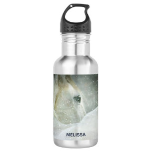 Botella De Agua Foto de un caballo blanco y un pájaro en invierno