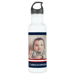 Botella De Agua Foto personalizado Nautical Marine Navy Blanco Roj