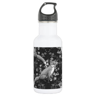 Botella De Agua Fox, bellflores y hiedra, monocromo, pared platead