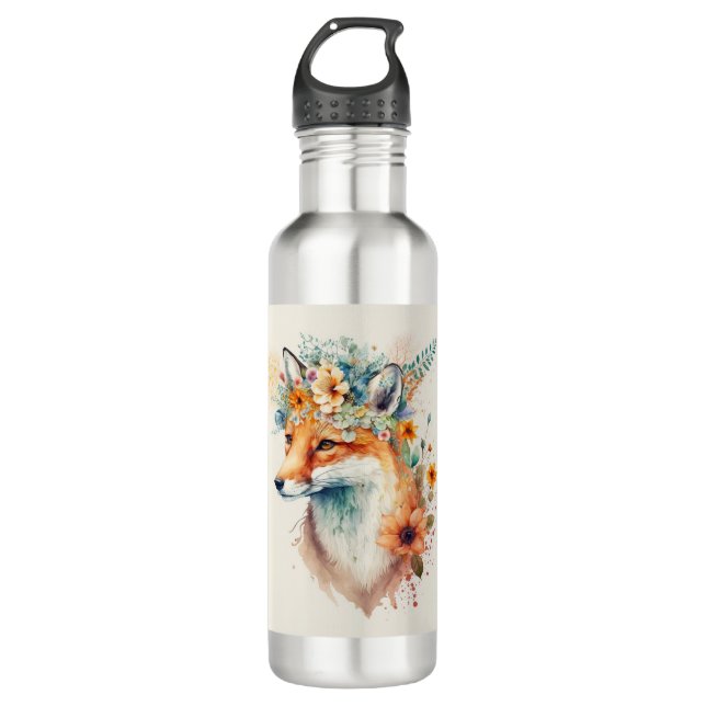 Botella De Agua Fox Flower Crown Watercolor                        (Anverso)