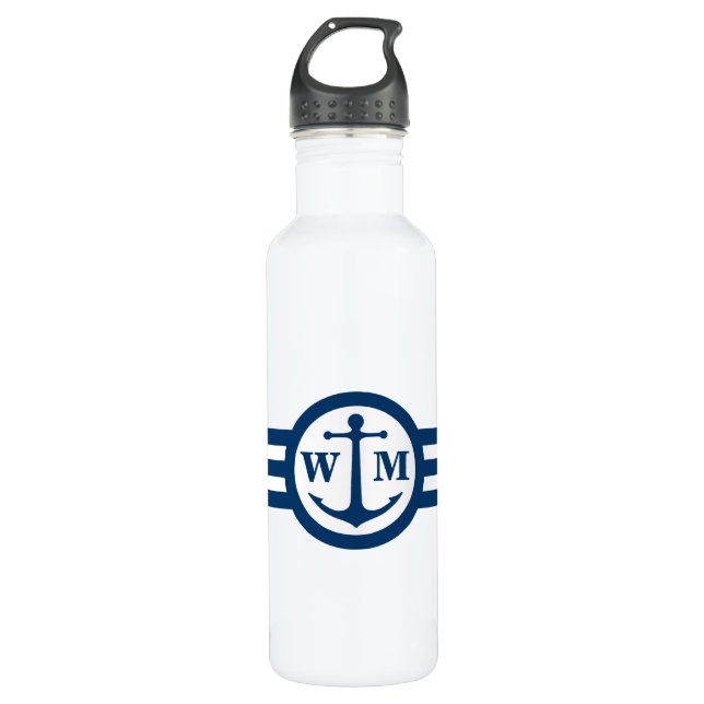 Botella De Agua Frasco de agua del Ancla Azul Monograma (Anverso)