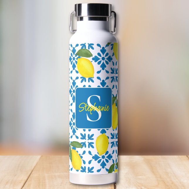 Botella De Agua French Country Tile Lemon Pattern Monogram Name (Subido por el creador)