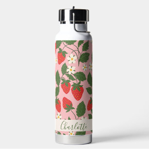 Botella De Agua Fresas Verdes Boho Rosa Nombre Personalizado