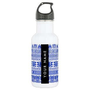 Botella De Agua Fret Griego, Llave Meandro Mixta, Azul, Tu Nombre