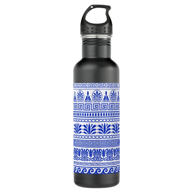 Botella De Agua Fret griego, patrón mediterráneo, azul (Anverso)