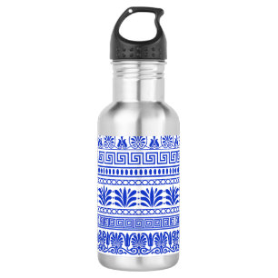 Botella De Agua Fretwork griego, patrón mediterráneo, azul