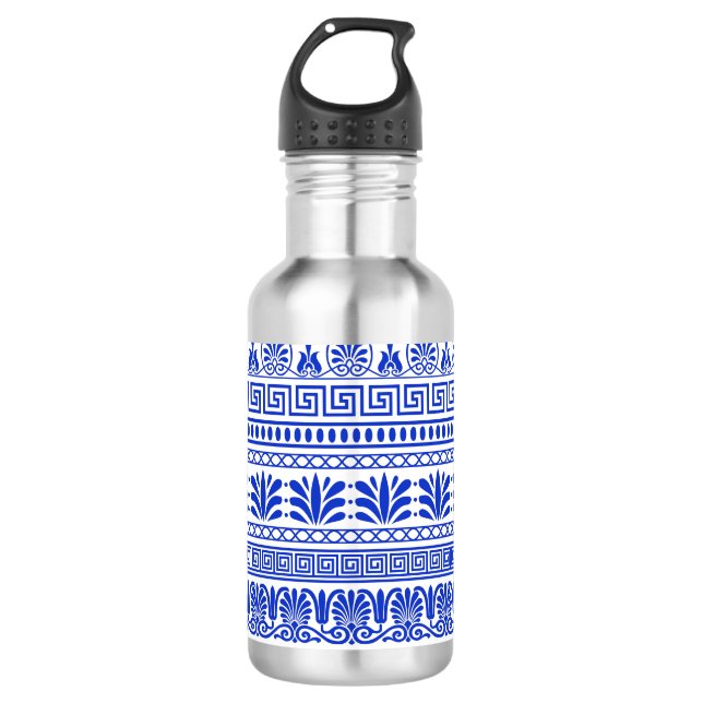 Botella De Agua Fretwork griego, patrón mediterráneo, azul (Anverso)