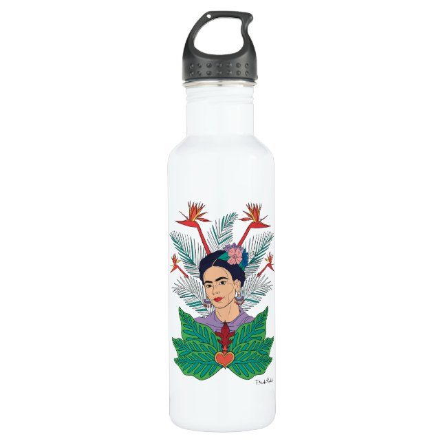 Botella De Agua Frida Kahlo | Aves de Paraíso Floral Gráfico (Anverso)