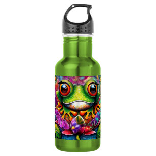 Botella De Agua Frog Whimsical Abstract Pintura Art Floral Verde