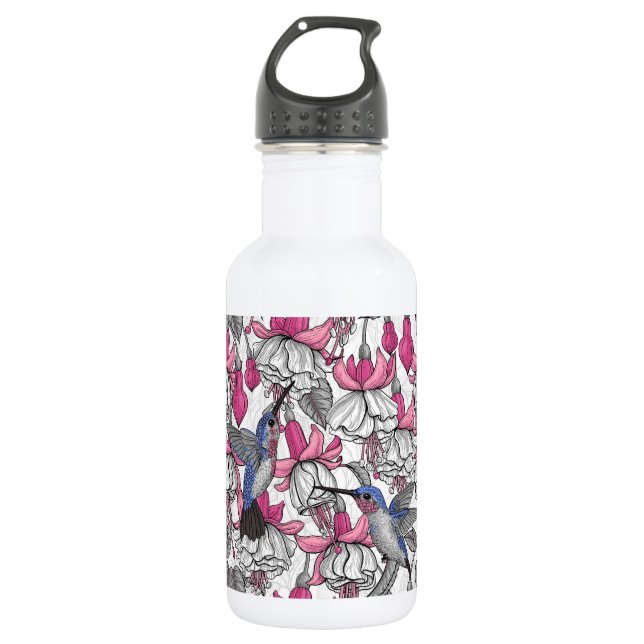 Botella De Agua Fuchsia blanca y colibríes (Anverso)
