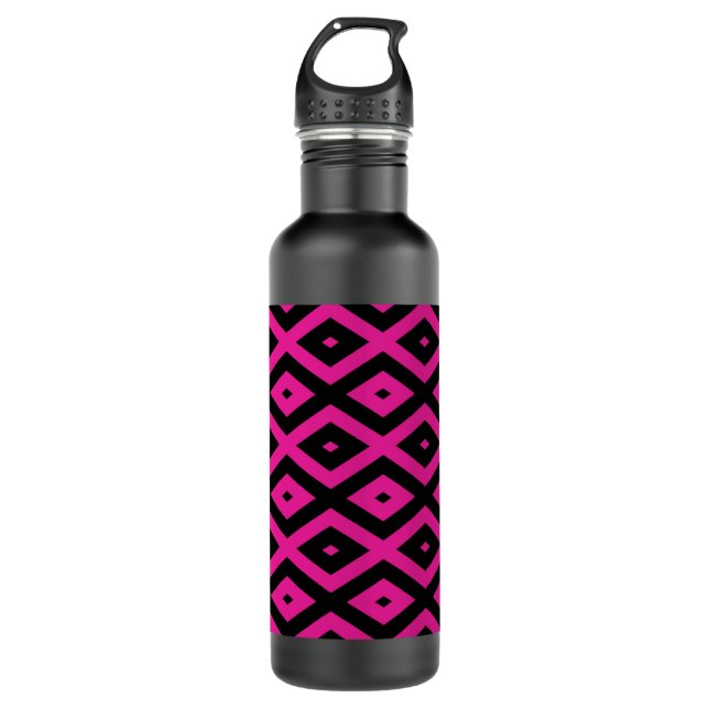 Botella De Agua Fuchsia y patrón de diamante negro (Anverso)