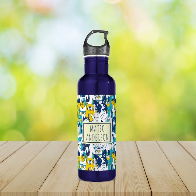 Botella De Agua Fun Blue Yellow Dogs Pattern Personalized Name (Subido por el creador)