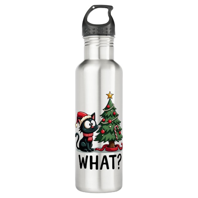 Botella De Agua Funny Black Cat Gift Pushing Christmas Tree Over C (Anverso)