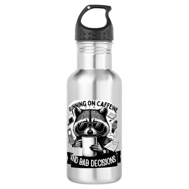 Botella De Agua Funny Coffee Raccoon – Caffeine & Bad Choices Art (Anverso)