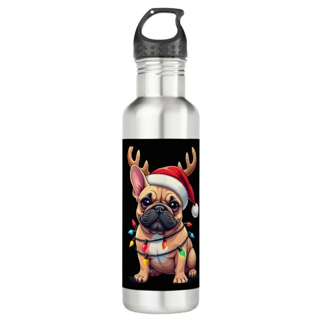 Botella De Agua Funny French Bulldog Christmas Light Santa Hat Rei (Anverso)