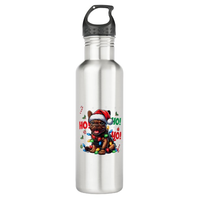 Botella De Agua Funny Navidades de Bulldog francés Santa Hat Light (Anverso)